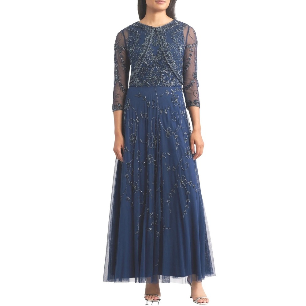 Pisarro Nights Beaded Mesh Gown with Jacket Sapphire Blue Size 8 M